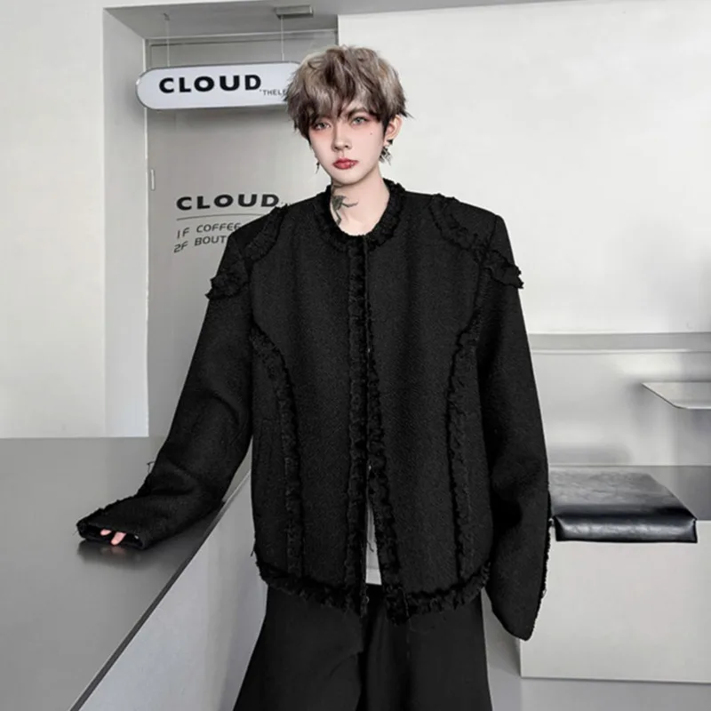 

SYUHGFA Korean Style Men's Jackets Round Collar Open Stitch Solid Color Lacework Tops Casual Pockets Loose Male Coats Trendy