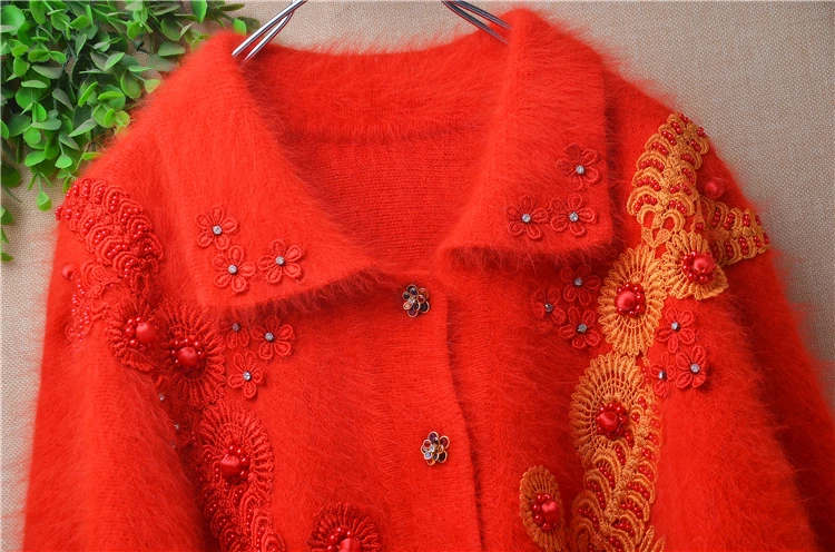 04 Female Women Fall Winter Vintage Red Embroidery Beading Angora Rabbit Hair Knitted Long Batwing Sleeves Loose Sweater Jumper