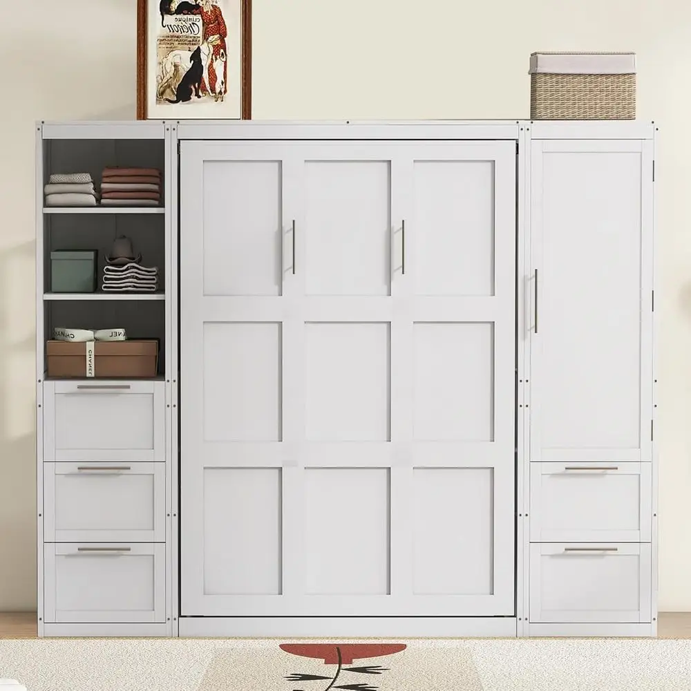 

Queen Size Wall Bed with Closet, Desk, and Shelves, White