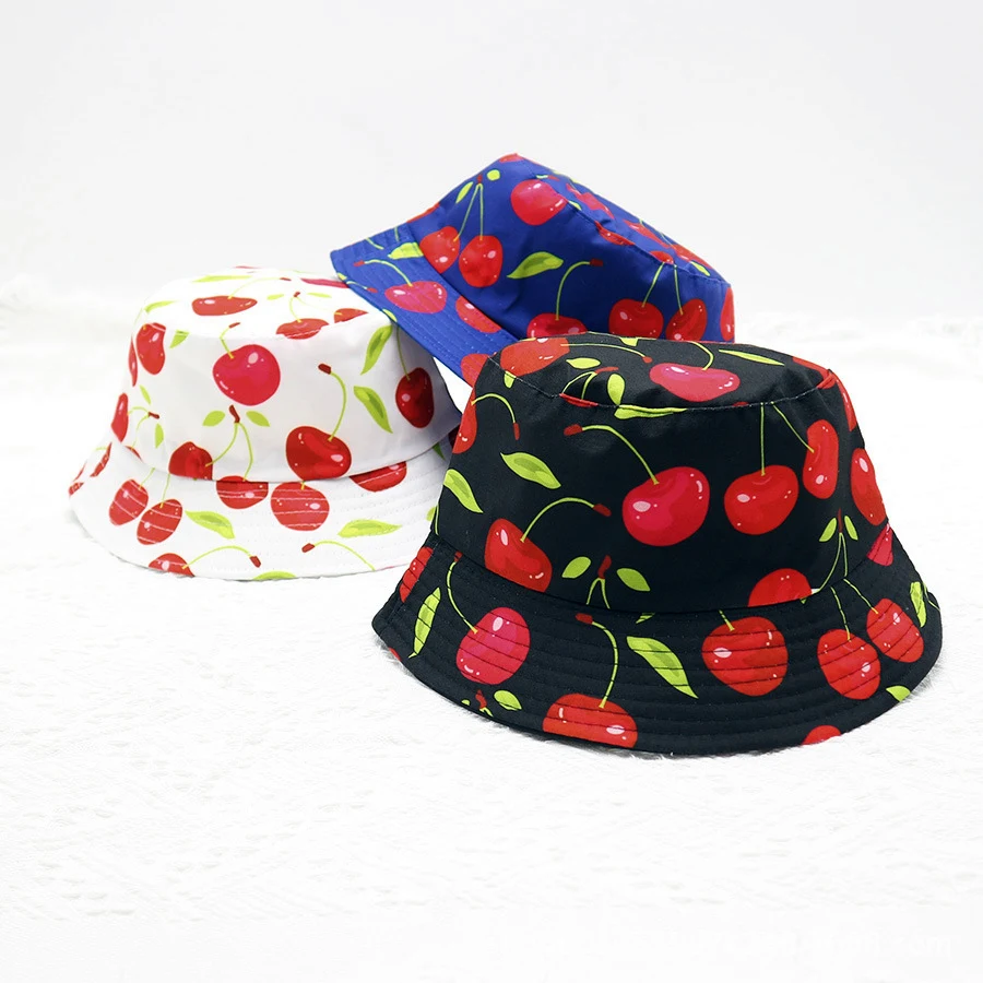 4 Colors Light Soft Cherry Printing Unisex Bucket Hat for Women Men Outdoor Head Decoration Panama Fisherman Cap Summer F113