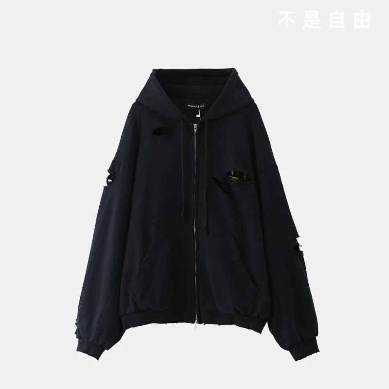 

Double Zipper Project G/R Hole Damaged Hoodie Jacket Men Women Washed Black Vintage Hollow Out Pullovers Casual Cap Sweatshirts