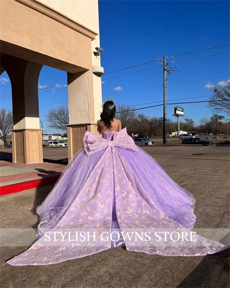 Mexico Purple Off The Shoulder Ball Gown Quinceanera Dress Beaded Birthday Prom Dresses For Girl Bow Lace Up Back Customized