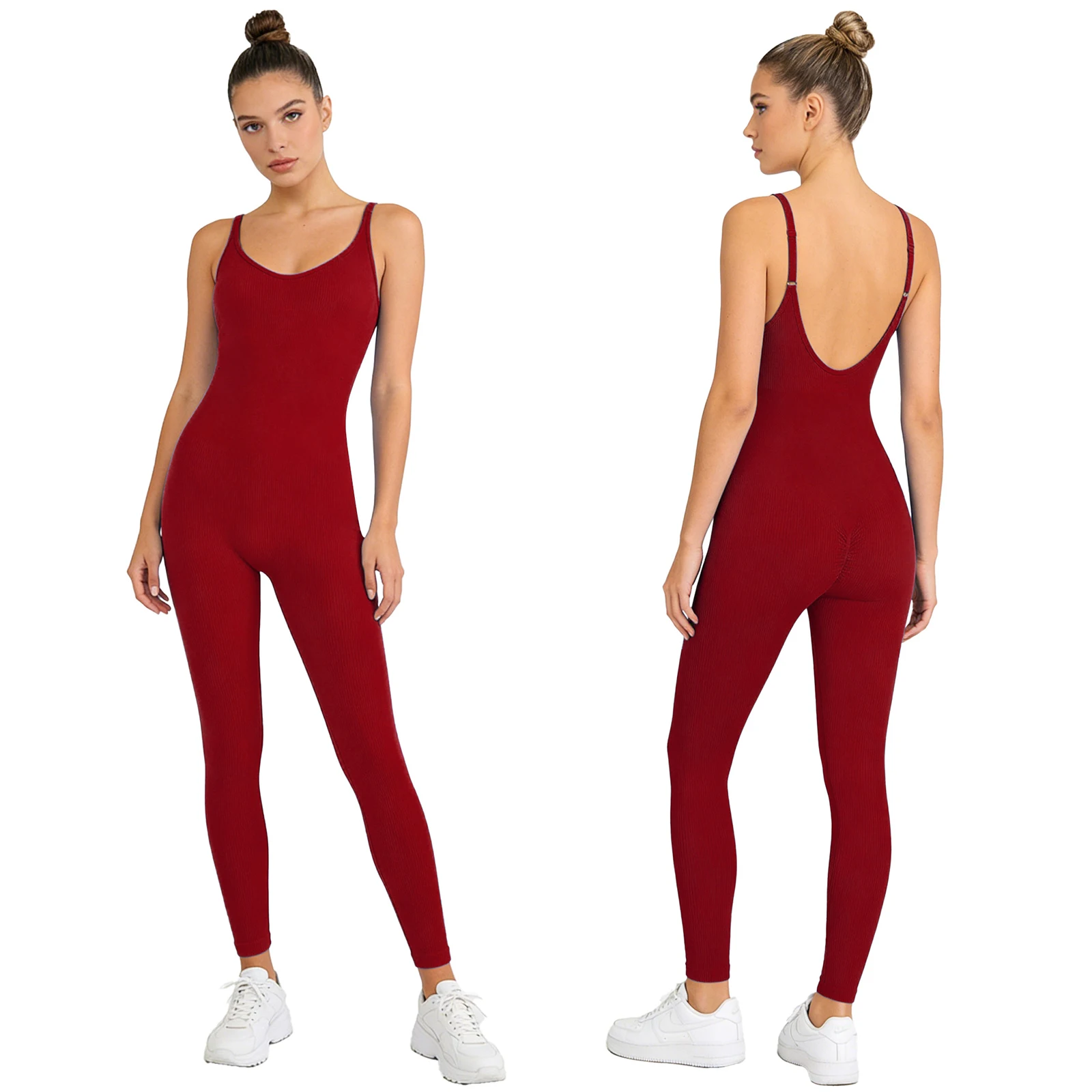 

Women Workout Ribbed Jumpsuit Low-Cut U-Back Adjustable Spaghetti Straps Romper Ruched Butt Solid Color Yoga Gym Sport Jumpsuit