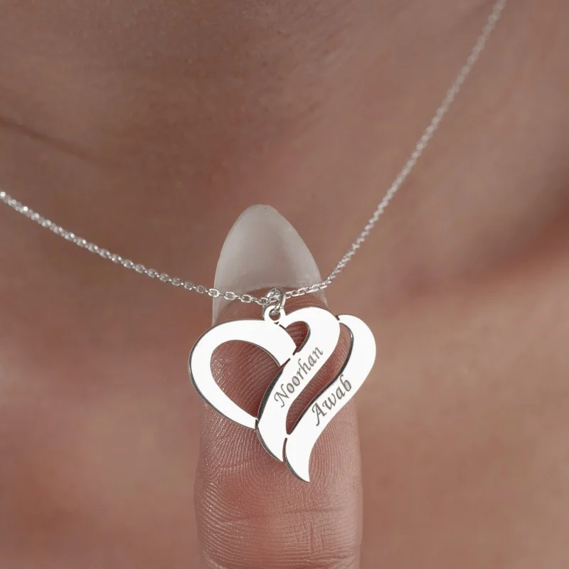 Custom Two Name Heart Necklace for Women,304 Stainless Steel Intertwined Heart Personalized Engraved Pendant Love Jewelry