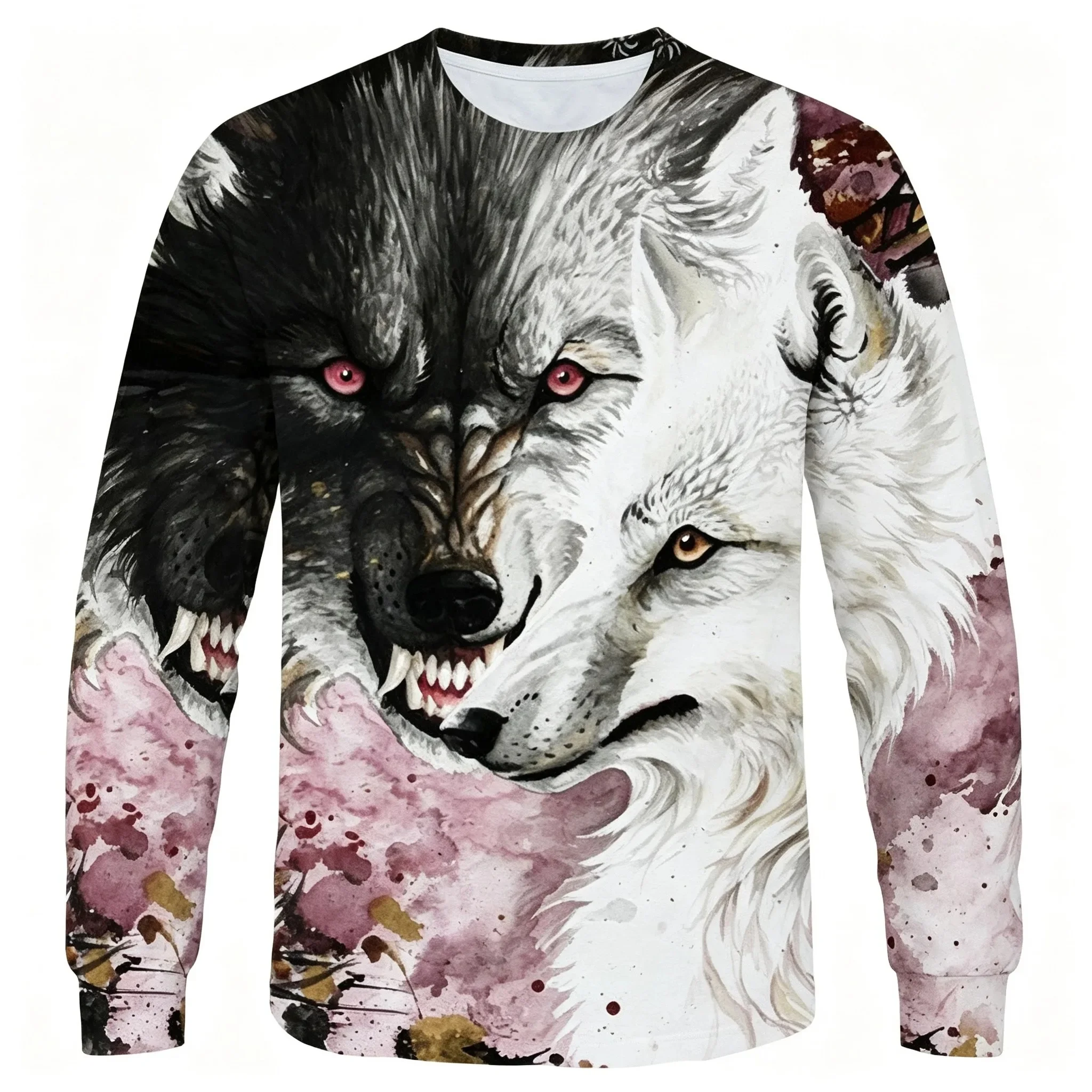 2026 new autumn and winter men's long sleeved 3D wolf shaped animal pattern round neck casual street fashion top fashionable
