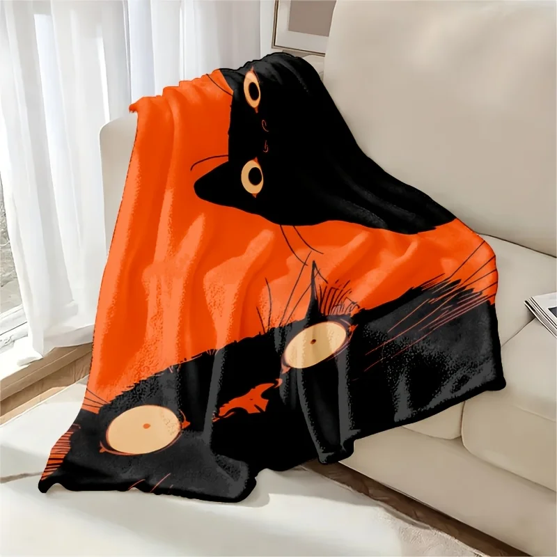 Black Orange Cat Face Throw Blanket Cozy Fleece Knit Wrap Sofa Decor Gift for Cat Lover Cute Pet Housewarming Gift