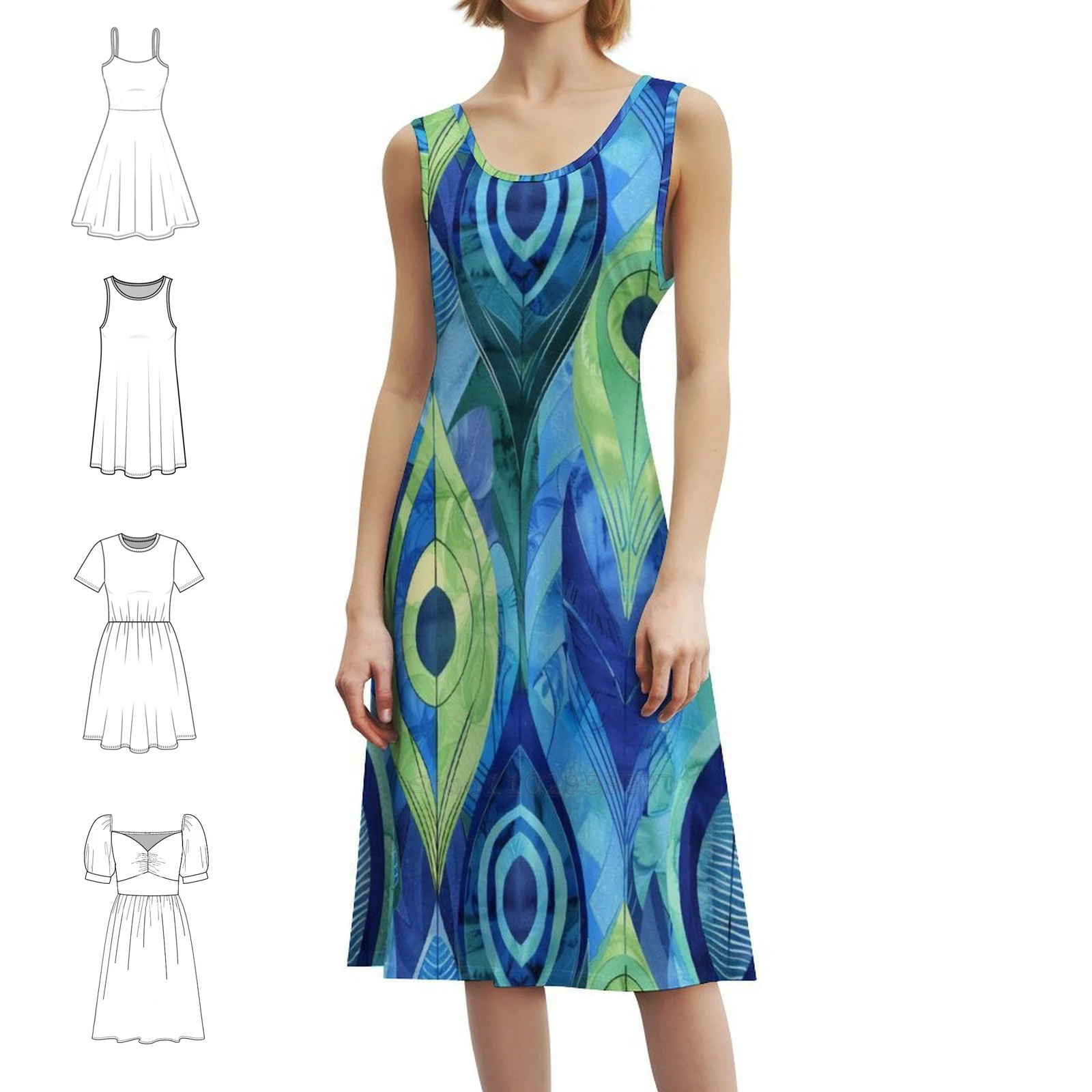 نمط سلس: ريش الطاووس بألوان مائية على الطراز الكوري للنساء فستان كاجوال أنيق للحفلات أو الارتداء اليومي