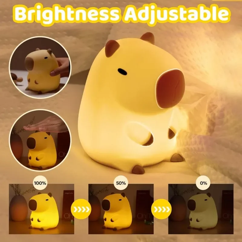 Cute Cartoon Capybara Night Light Silicone Animal Lamp USB Rechargeable Timing Sleeping Nightlight Kids Bedside Decor Lamp Gifts