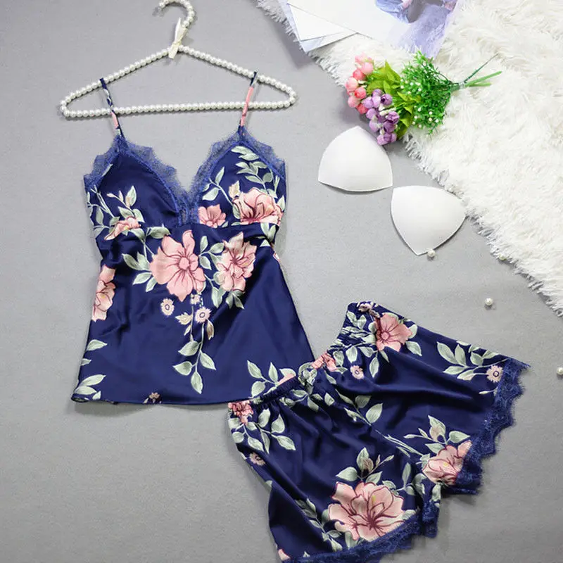 2PCS Women Silk Satin Lace Robe Crop Tops Shorts Sleepwear Floral Print Lace Babydoll Nightdress Pajamas Set Skin Friendly Hot