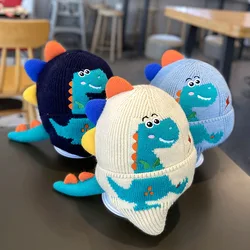 Kid Accessories Cartoon Dinosaur Baby Boy Hat Winter Cute Baby Hat Warm Knit Kids Boy Cap Child Boy Hat Head Cover Ear-cap 2-6y