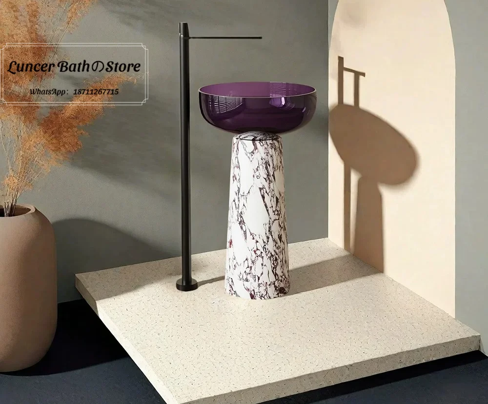 Purple Blue Transparent Floor Standing Pedestal Sink, Balcony Club B&B Bathroom Vanity Column Basin