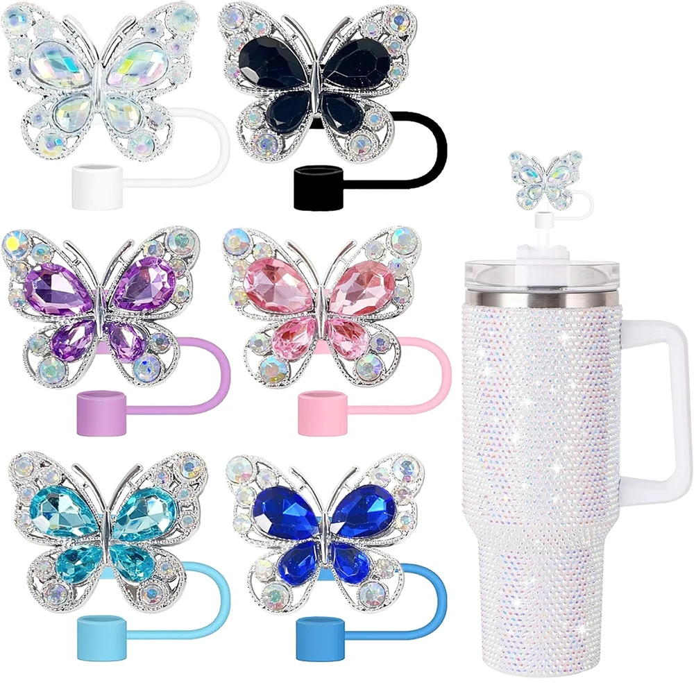 6pcs Shiny Straw Toppers, Colorful Diamond Butterfly Straw Covers Cap for Stanley Tumbler Cups 30&40oz Tumbler with Handle