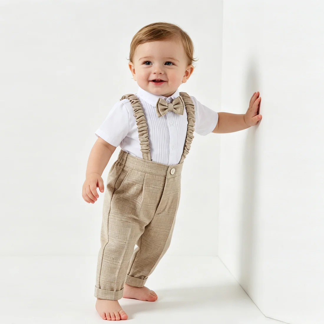 Kids Boy Khaki Plaid 4Pcs Formal Suit Double Breasted Blazer Suspender Shorts Bow Tie Wedding Baptism Birthday Gentleman Outfit