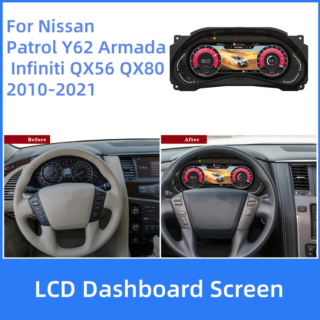 

LCD Dashboard Screen For Nissan Patrol Y62 Armada Infiniti QX56 QX80 2010-2021 Speedometer Instrument Upgrade Smart Cluster Qled