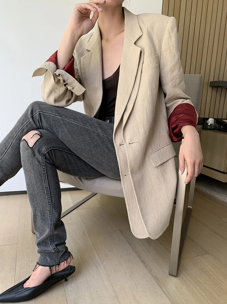 A-Bow Studios レディース ダブルブレスト 6ポケット 二重構造 リネンウォッシュ加工 スーツ 2色展開 秋コレクション