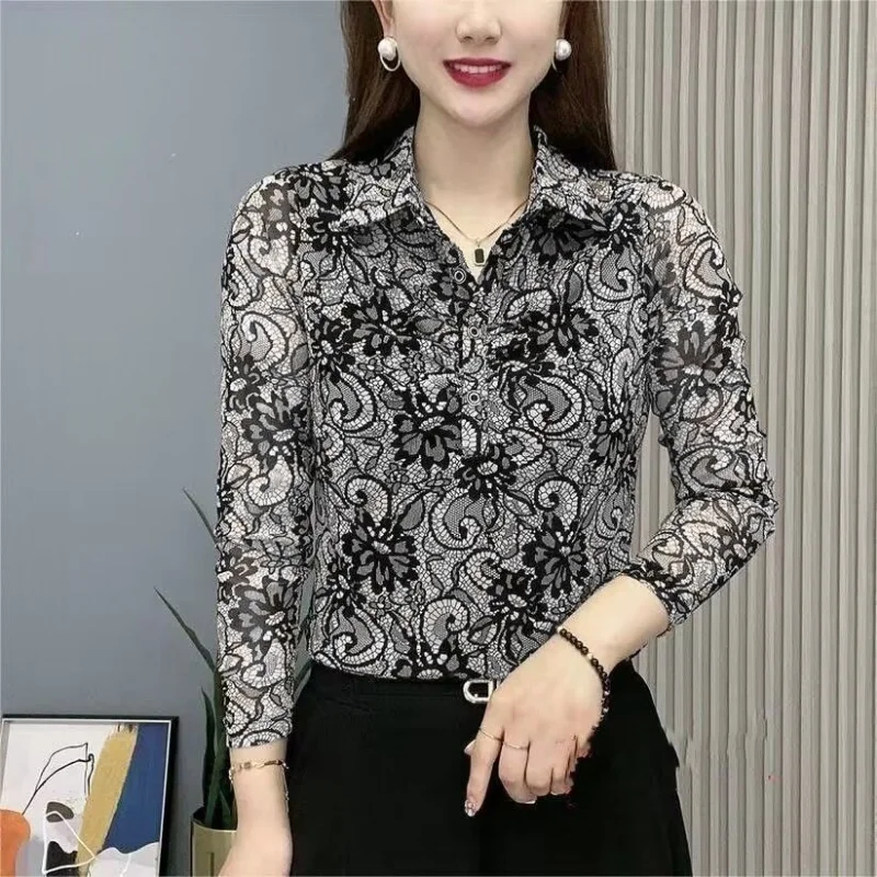 Clothes for Women Stylish Flower Mesh Lace Button Up Shirts Office Lady Elegant Long Sleeve Blouse Vintage Casual Slim Fit Tops