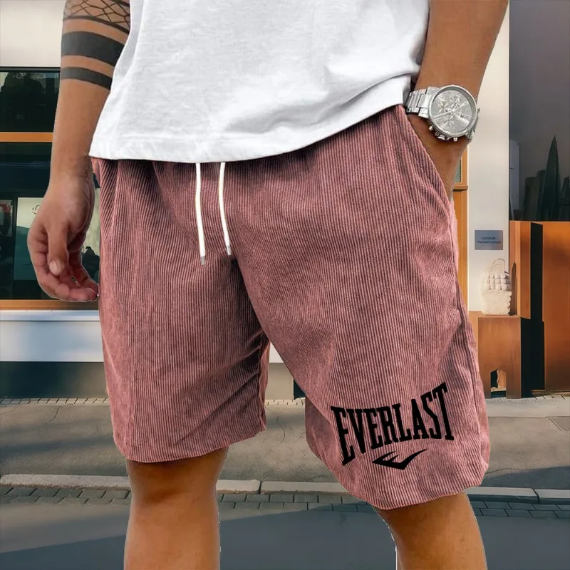 Pantalones cortos de pana con estampado Everlast para hombre, informales, holgados, con cintura elástica y cordón, pantalones de playa de verano, transpirables