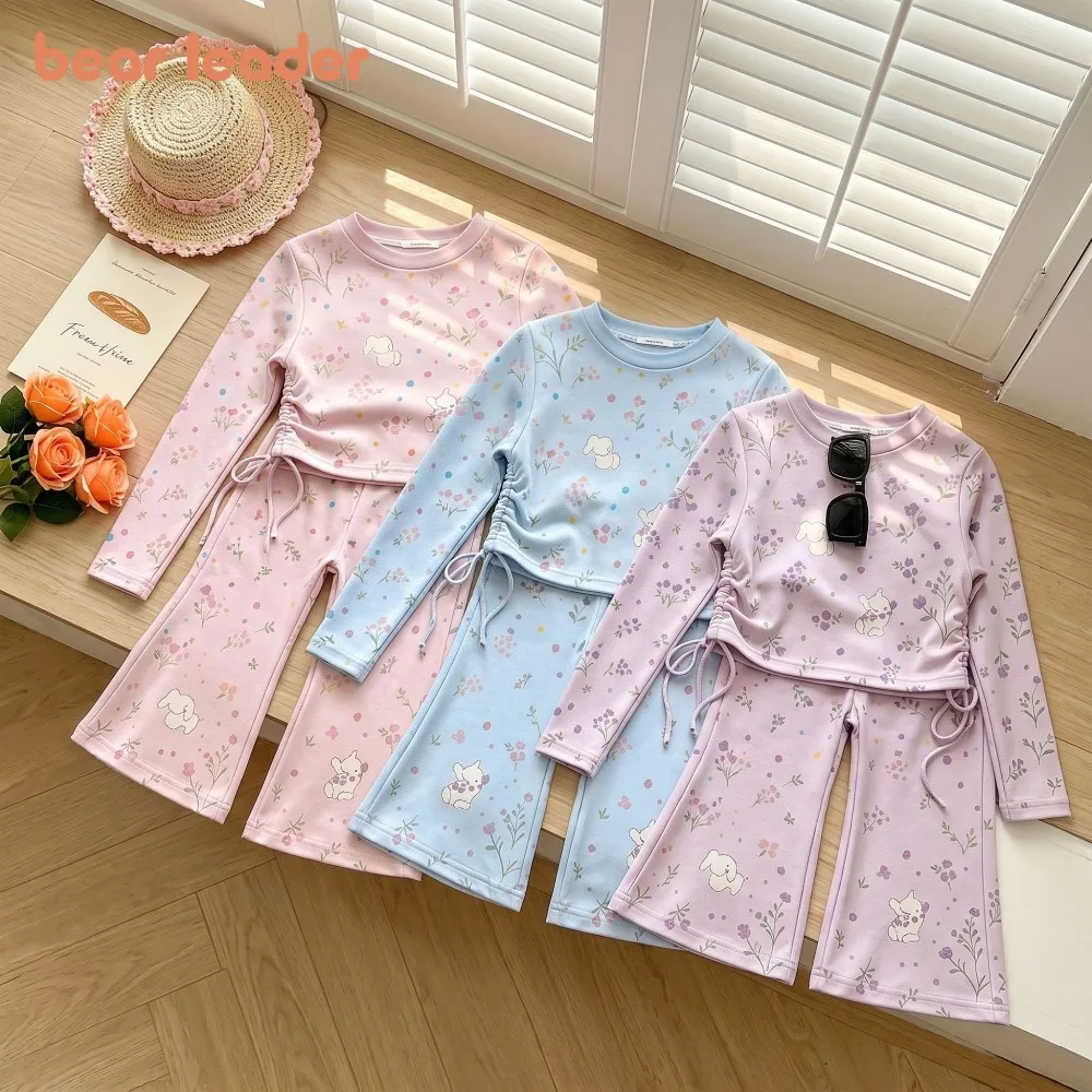 Bear Leader Sweet Toddler Girl Clothes Spring and Autumn Long Sleeve Floral Print Top+Micro Pull Pants Children's Two Piece Set