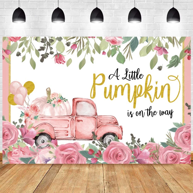 

A Little Pumpkin Is on The Way Backdrop Pink Girl Birthday Party Decor Autumn Fall Harvest Car Photography Background Banner