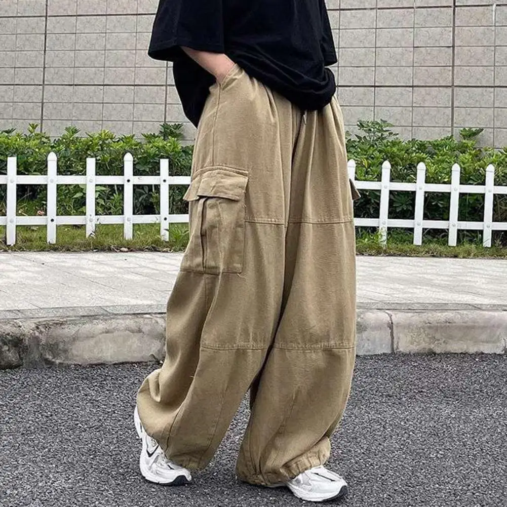 Men Pants Wide Leg Multi Pockets Elastic Waist Solid Color Loose Bottoms Straight Cargo Pants Baggy Trousers for Outdoor