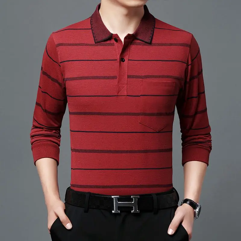 Fashion Men Long Sleeve Cotton Stripe Polo Shirt Spring Autumn New Pockets Male Clothes Business Casual Loose Streetwear Tops