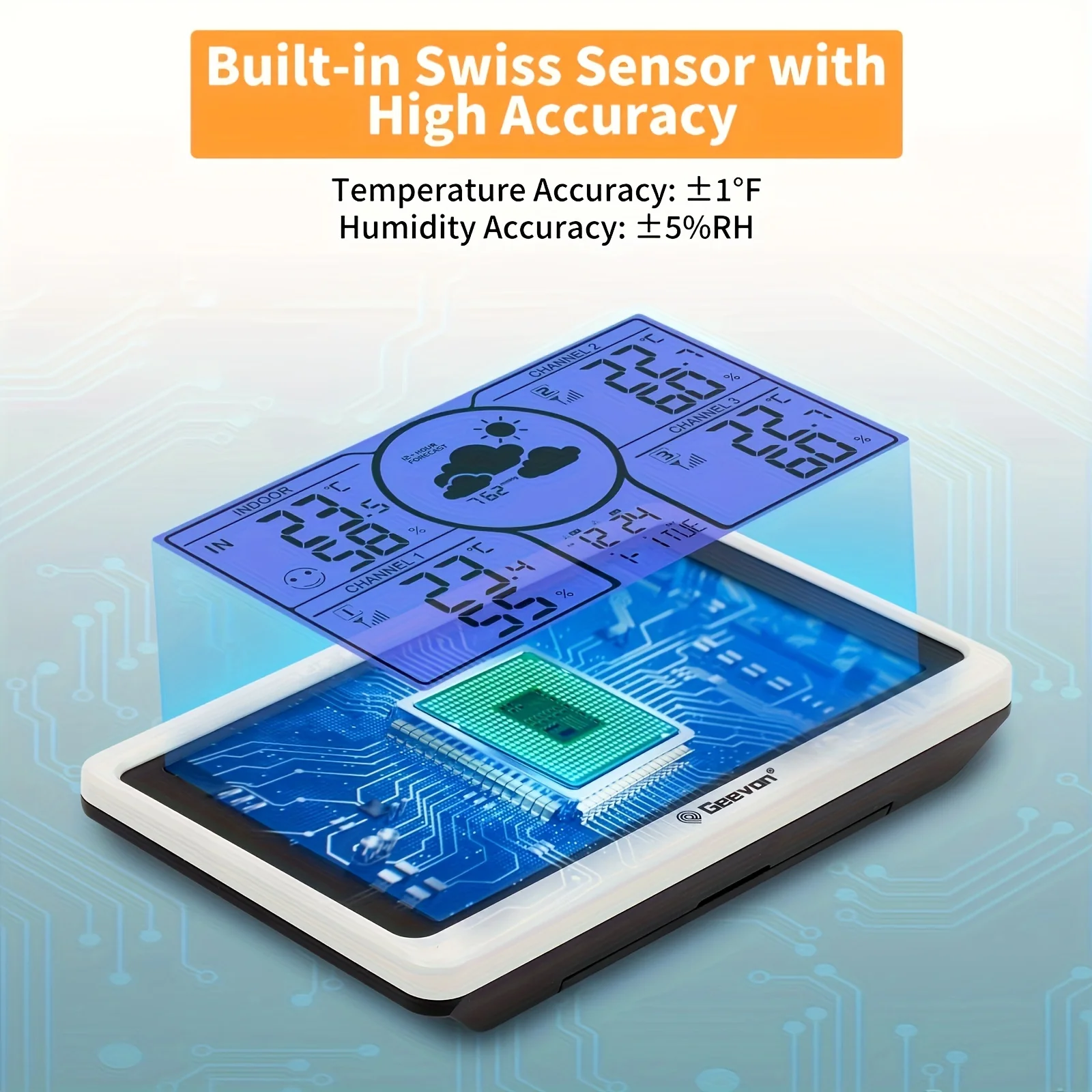 Geevon termometro per interni ed esterni Wireless con 3 sensori remoti, stazione meteorologica con ampio Display LCD e adesivi per etichette fai da