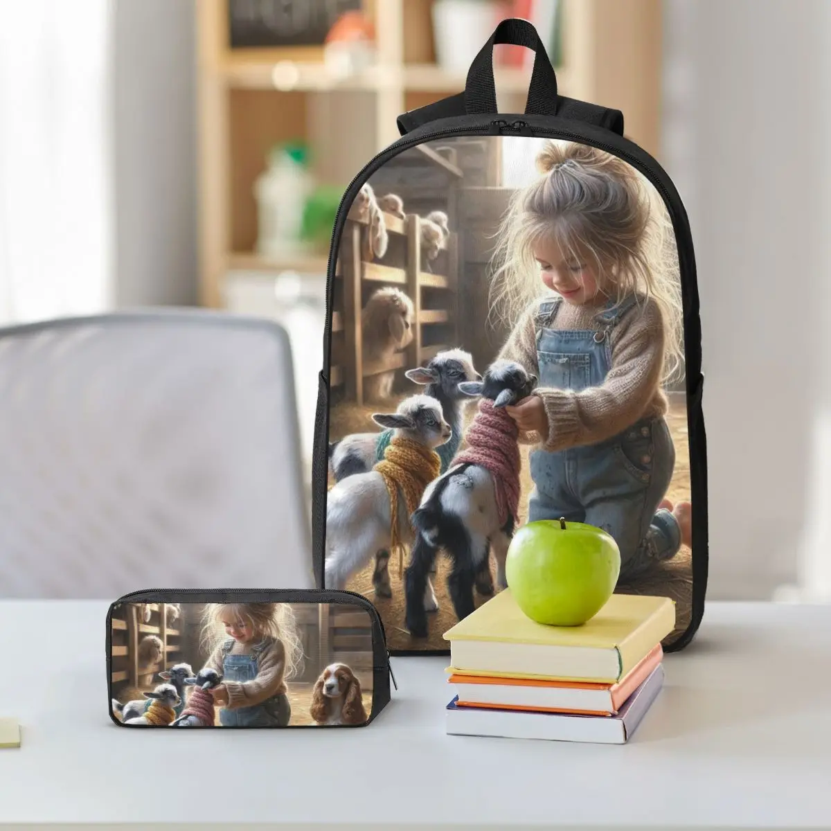 Farm Scene Little Girl And Lamb Backpack Boys Girls BookBag School Bag Shoulder Bags 3ps Insulated Lunch Bag Pencil Case