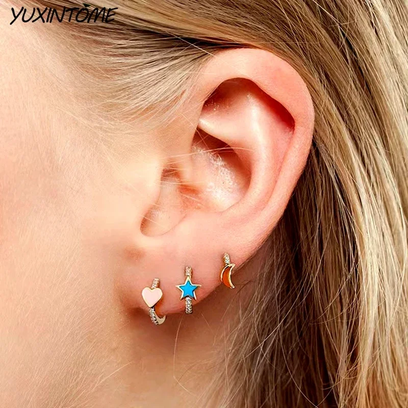 Boucles d\'oreilles en argent regardé 925 pour femmes, bijoux de piercing au cartilage, petit cerceau en émail coloré, charmant coeur, tendance