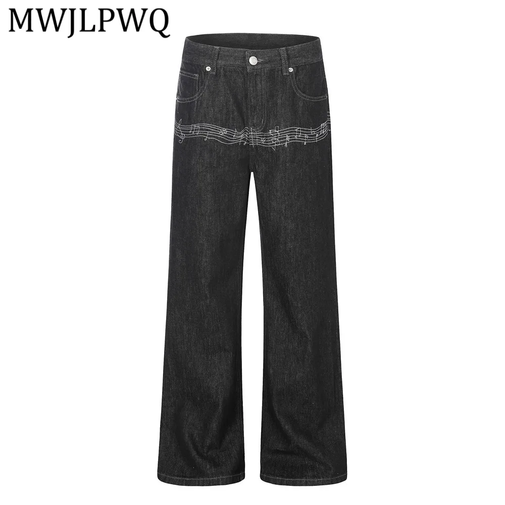 

MWJLPWQ American Street Style Embroidered Design Flared Denim Trousers For Men Trendy Vibe Jeans Niche Loose Casual Pants 15308