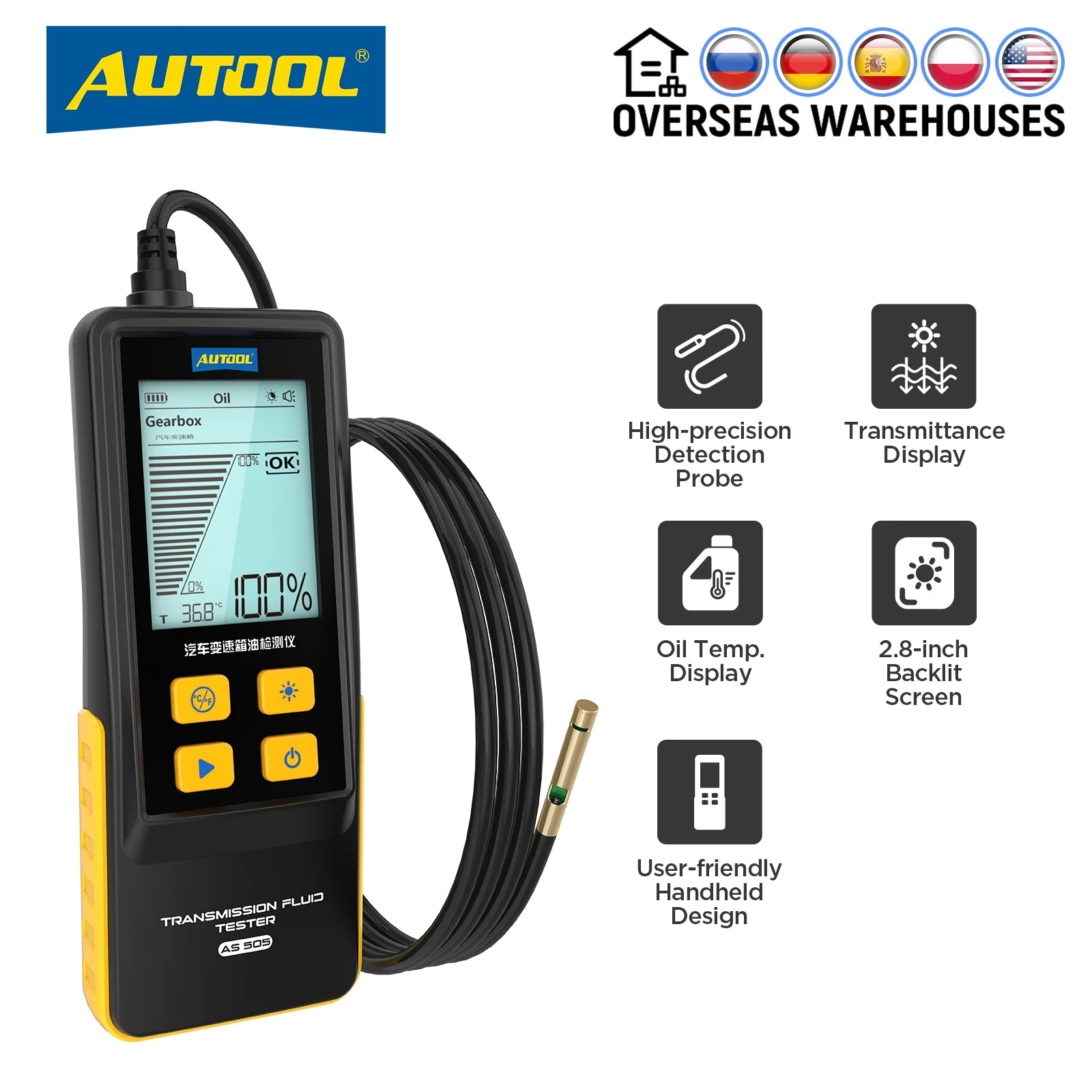 AUTOOL AS505 Car Transmission Fluid Tester ATF Exchanger Gearbox Oil Tester Tool Digital Display for Gasoline Petrol Engine