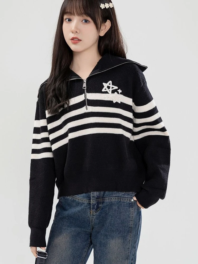 Zoki Preppy Style Striped Sweaters Women Sweet Vintage Star Knitted Pullovers Casual Long Sleeve Zipper Female Cute Japan Tops