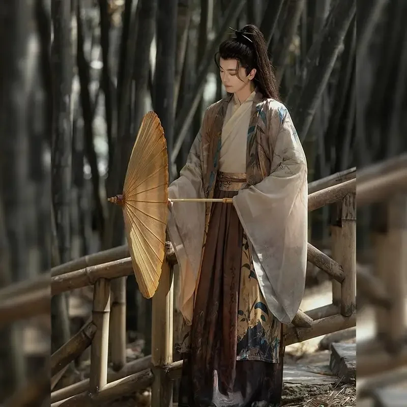 طقم تصميم Hanfu Wei Jin للرجال ، هانفو صيني تقليدي ، أكمام كبيرة ، توب مطبوع بياقة ، تنورة خصر كامل ، الربيع والصيف