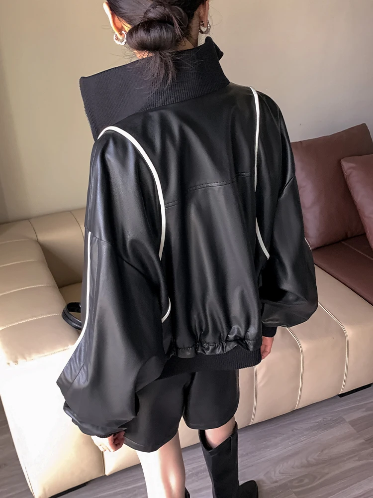 

Новинка весны Sle ort, кожаный джат в американском стиле ретро с воротником-стойкой, женский свободный силуэт, шик Zhi, Новое поступление 2023 г.