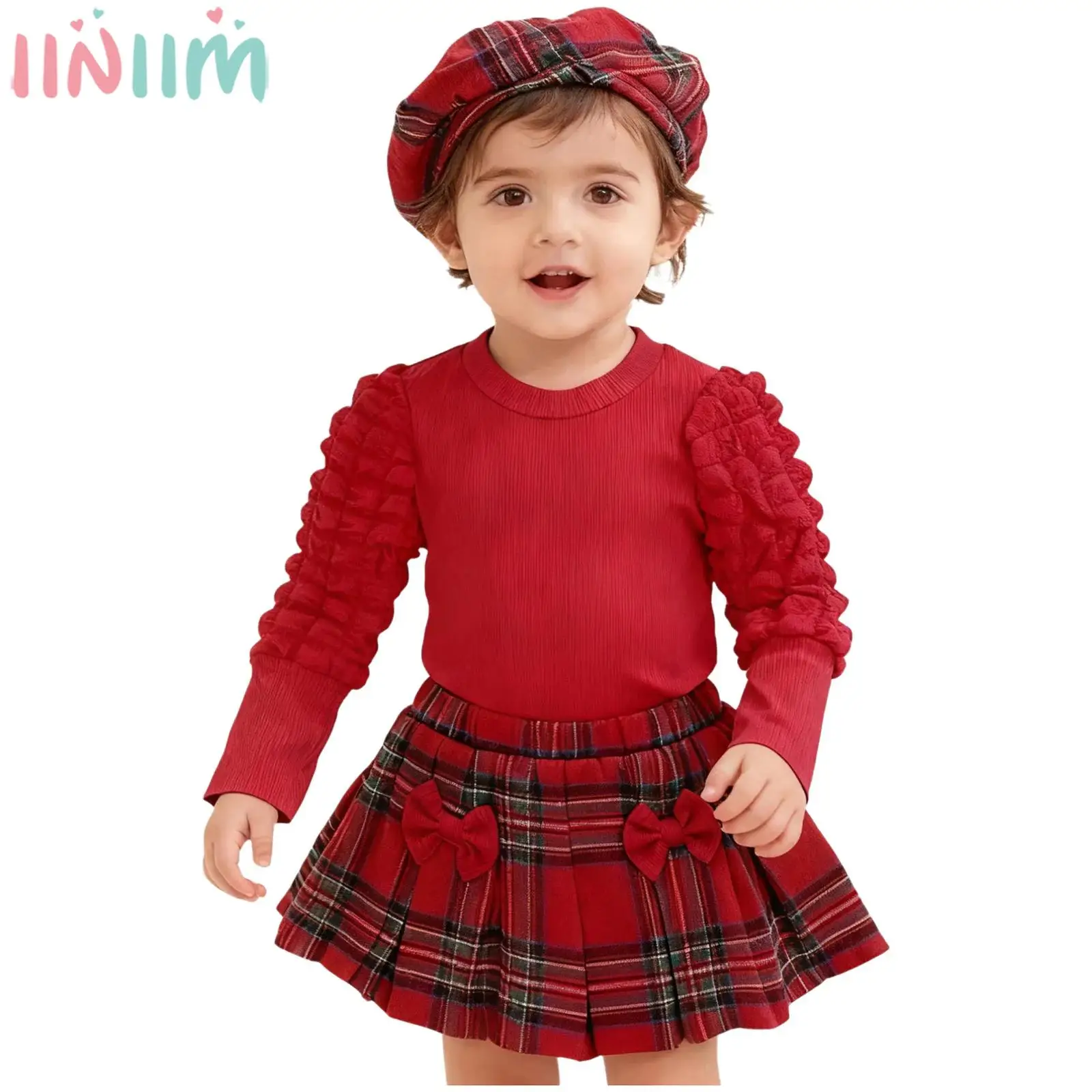 

Toddler Baby Girls Christmas Outfit Long Sleeve Knit Ribbed Top with Bow Plaid Skirt for Xmas New Year Party Birthday Holiday
