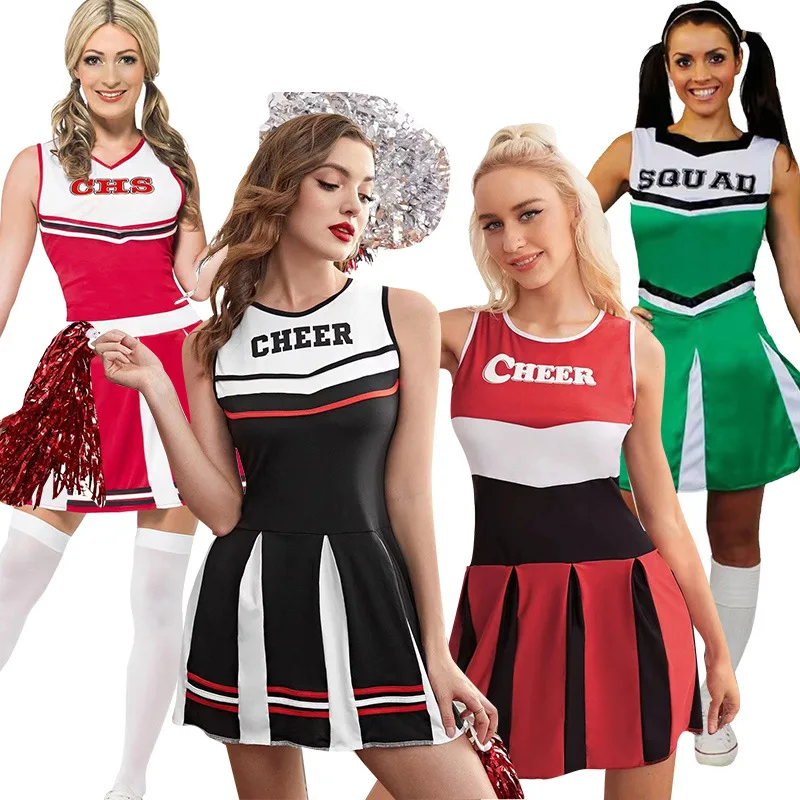 

Cheerleader Uniform Women Sexy Soccer Sport Competition Dance Costume Pom Poms Halloween Cosplay Dress Nightclub Bar Stage