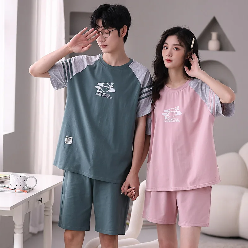 

Summer Cotton Nightwear For Couple Men's Pajamas Set Women's Sleepwear Male Female Home Suit Pjs O Neck Home Service Pyjamas