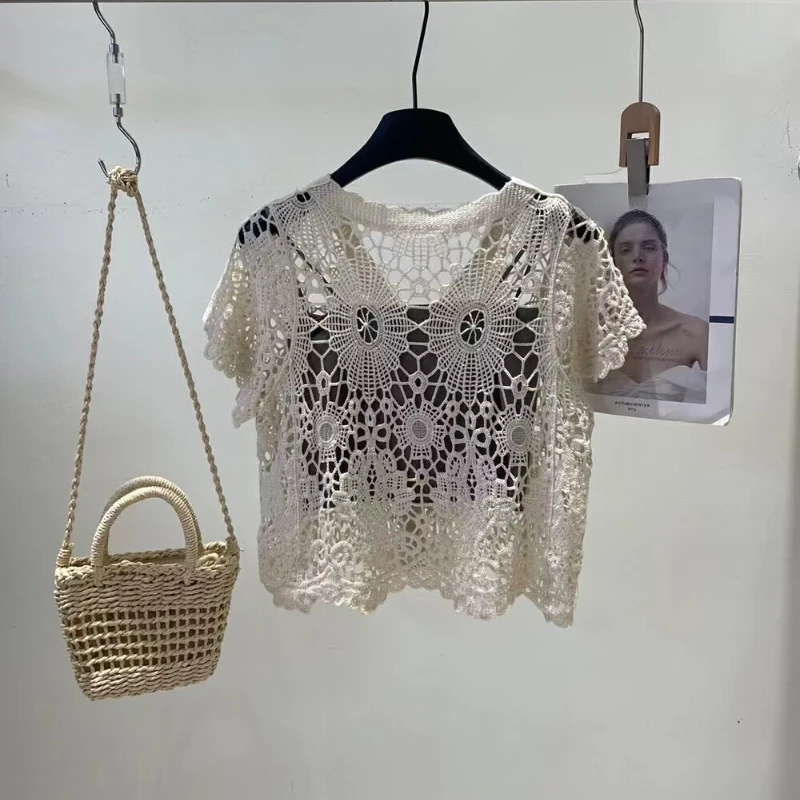 REALEFT Sommer Vintage Spitze Häkeln Damen Blusen 2025, neue Knöpfe, kurze Ärmel, V-Ausschnitt, aushöhlen, Hemden, kurze Tops für Damen