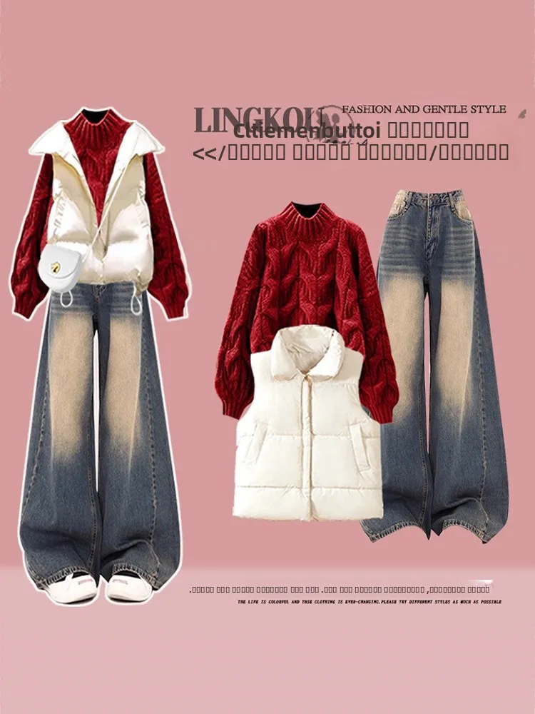 

Комплект из трикотажа больших размеров для женщин: свободный хлопковый жилет, красный свитер, джинсы с эффектом похудения, футболка, повседневный комплект с высокой талией