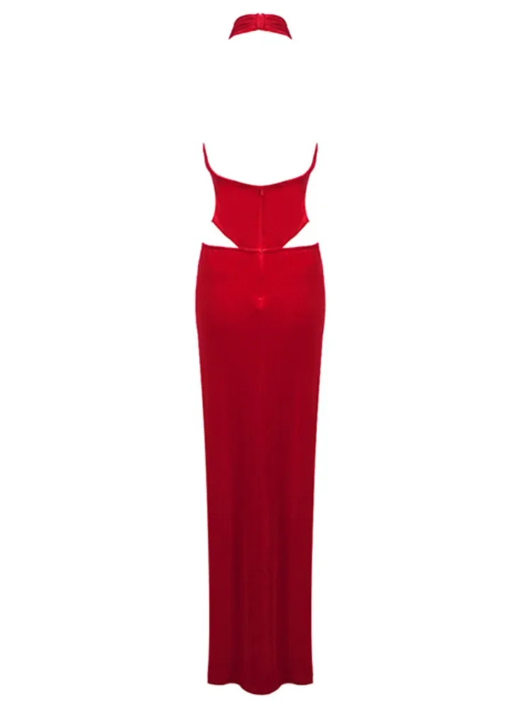 Luxury Red Prom Gowns for Women Big Designer Sexy Halter Backless Cut Out Appliques Maxi Long Soft Celebrity Evening Dresses