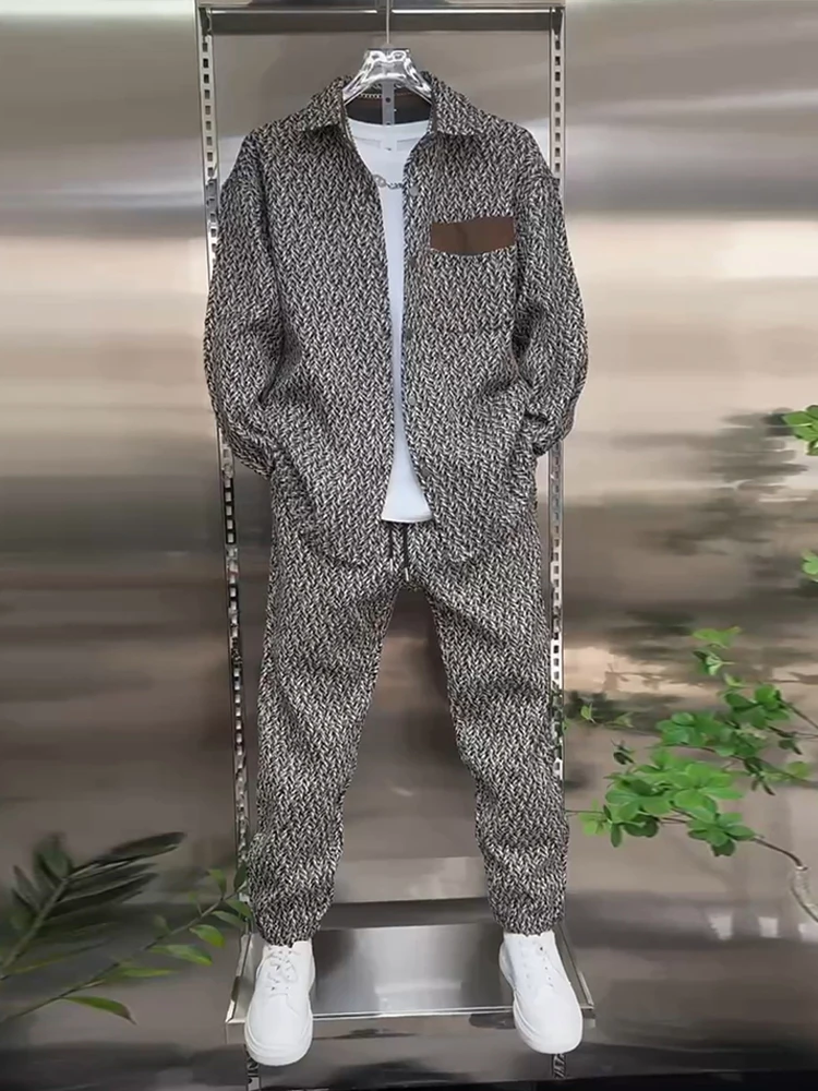 

Premium Plaid Knit Embroidered Collar Jaet Two-Piece Set Men's Spring Casual Loose Fit Ensemble Long Sve Long Pants