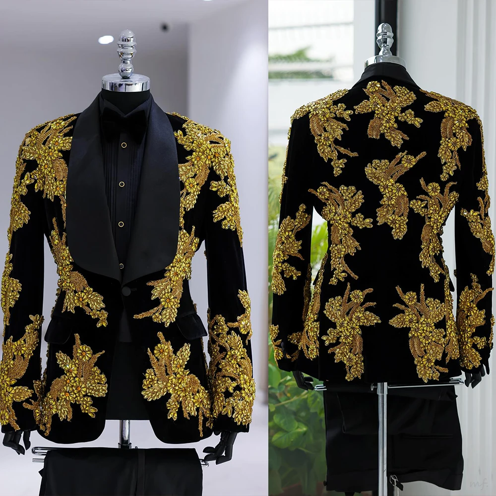 Gouden Steen Geborduurde Heren Smoking Aangepaste Single Breasted Wedding Suits Prom Blazers 2-delige Sets traje de hombre