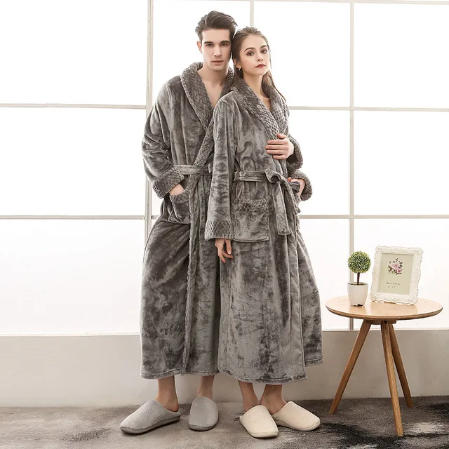 Terry Dressing Gown Women's Thick V Neck Winter Soft Long Sleeve Ladies Bathrobe with Sashes Flannel Pocket Plus Size Home Wear