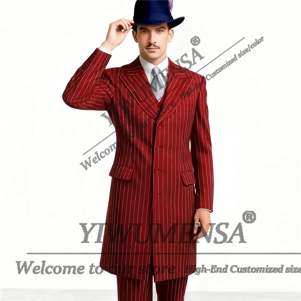Classic Vertical Striped Suit  Men Long Single Breasted Jacket Pants 2 Pieces Costume Homme British Style Prom Blazers Outfits