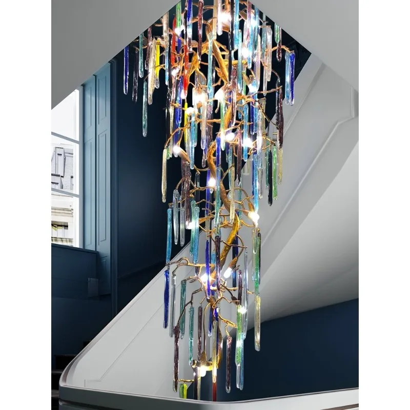 Duplex staircase long chandelier, American all-copper branch crystal lamp hollow living room lamp villa luxury ceiling