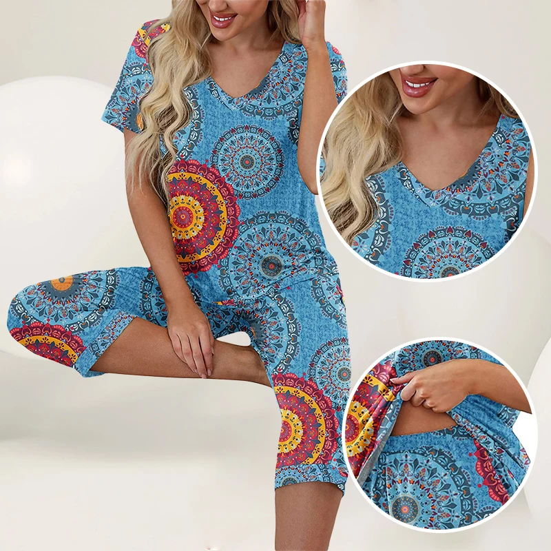 Conjunto de pijama de dos piezas para mujer, ropa de dormir informal, multicolor, cómoda, con estampado de mangas largas y pantalones largos, Sexy, V