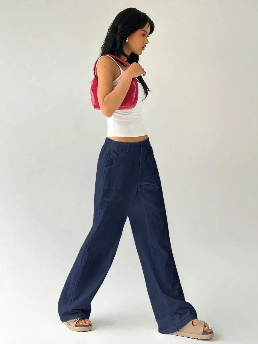 

Casual Straight Leg Trousers With Pockets Low Rise Wide Fit