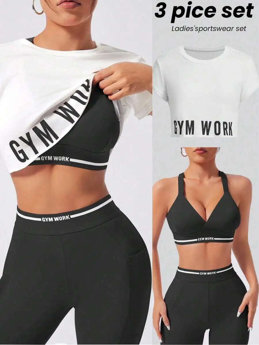 

Womens Gym Workout 3 Piece Set Crop Top Sports Bra Leggings