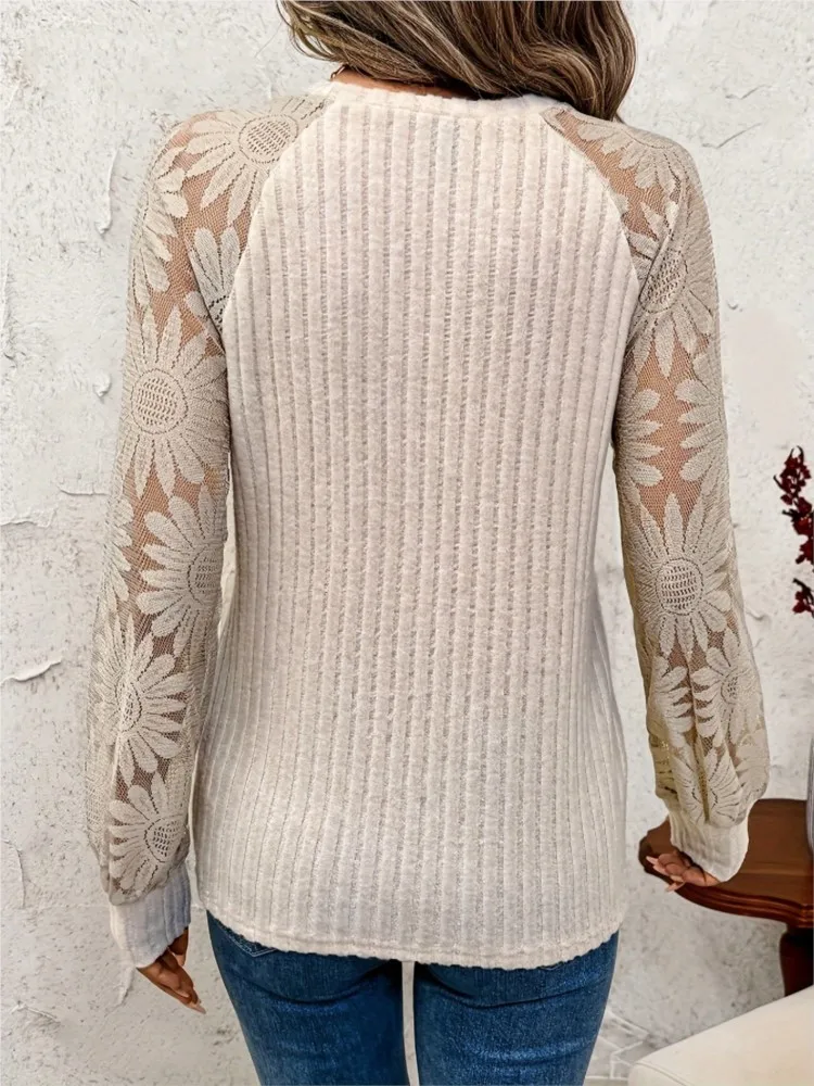 Spring And Autumn Comfortable Casual Solid Color Top Women's Elegant Round-neck Hollow Lace Stitching Long-sleeved Pullover Top