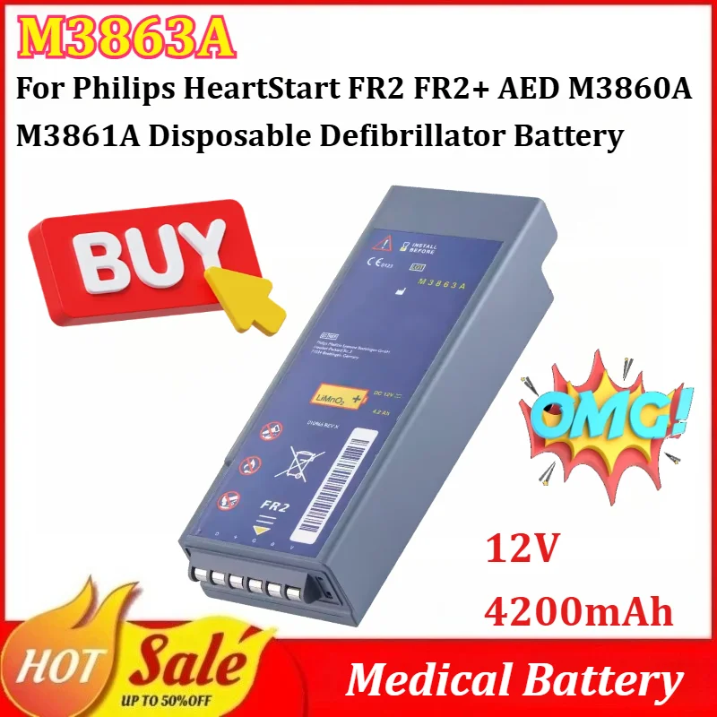 

M3863A 12V 4200mAh Medical Battery for Philips HeartStart FR2 FR2+ AED M3860A M3861A M3840A Disposable Defibrillator Battery