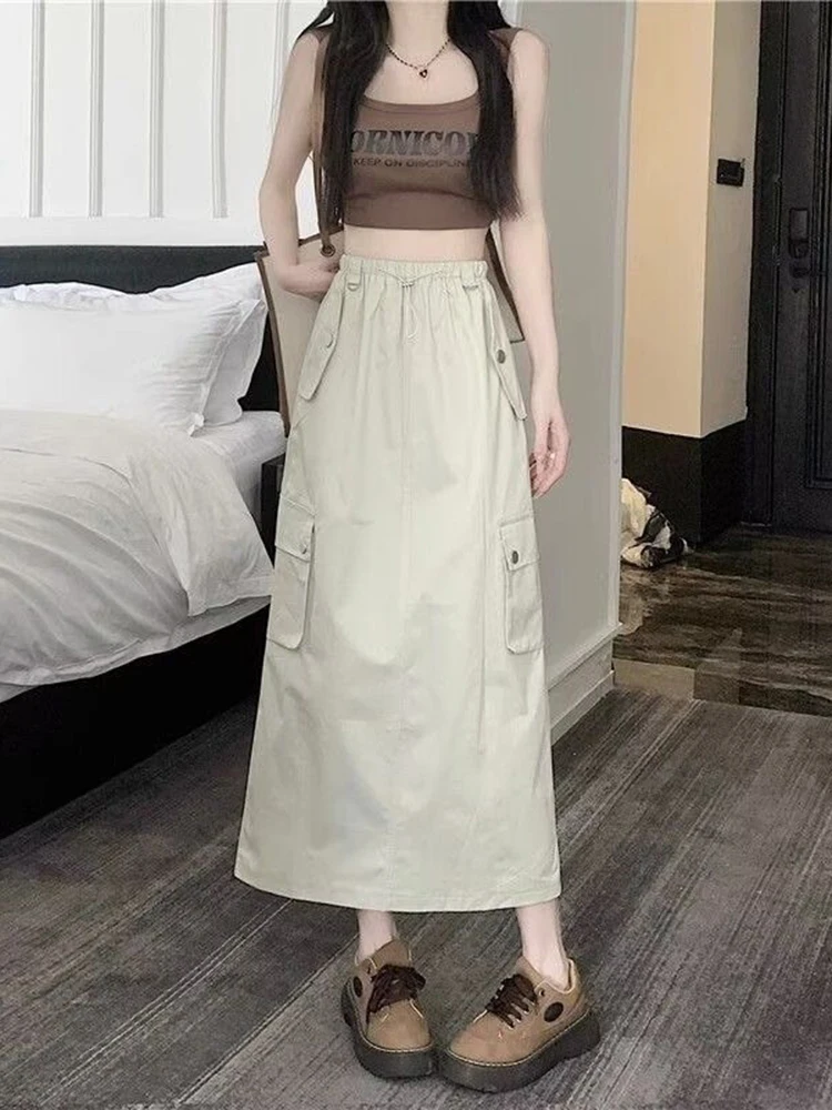 Zoki Y2K Retro Cargo Skirt Women High Waist American Streetwear Midi Skirts Harajuku Hip Hop Lady Drawstring All Match Skirt New